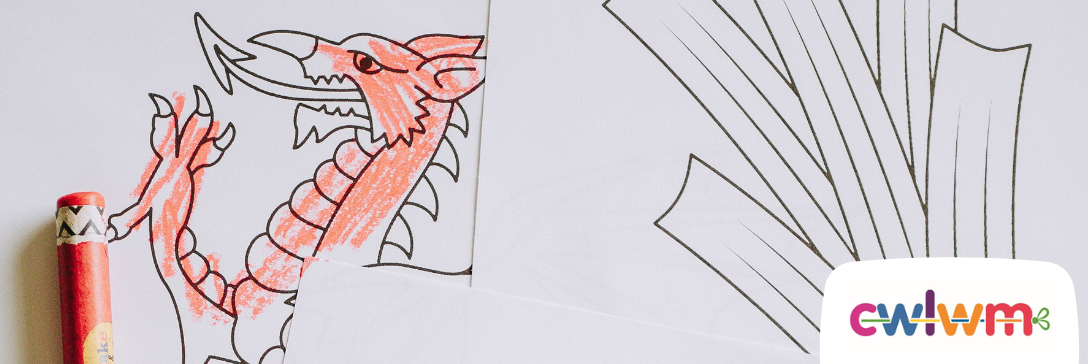 Cwlwm partners call for a pathway that enables every child to grow as a Welsh speaker. Picture of colouring in sheets with daffodils and the red dragon